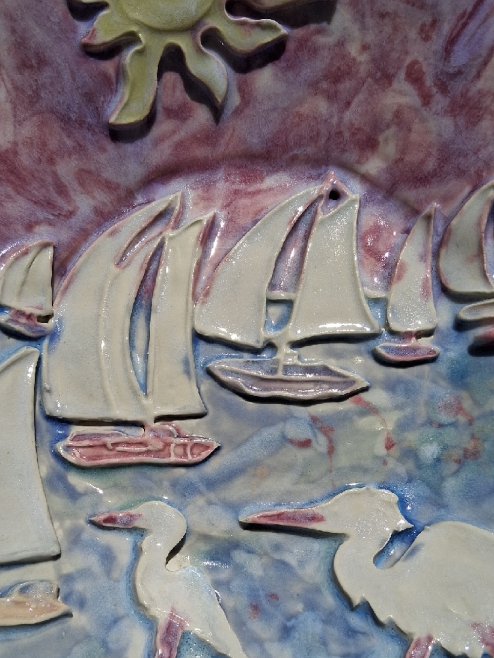 Unique 3D Handcrafted Coastal Ceramic Center Bowl Art W/Pastel Sea Life Theme. - Picture 8 of 15